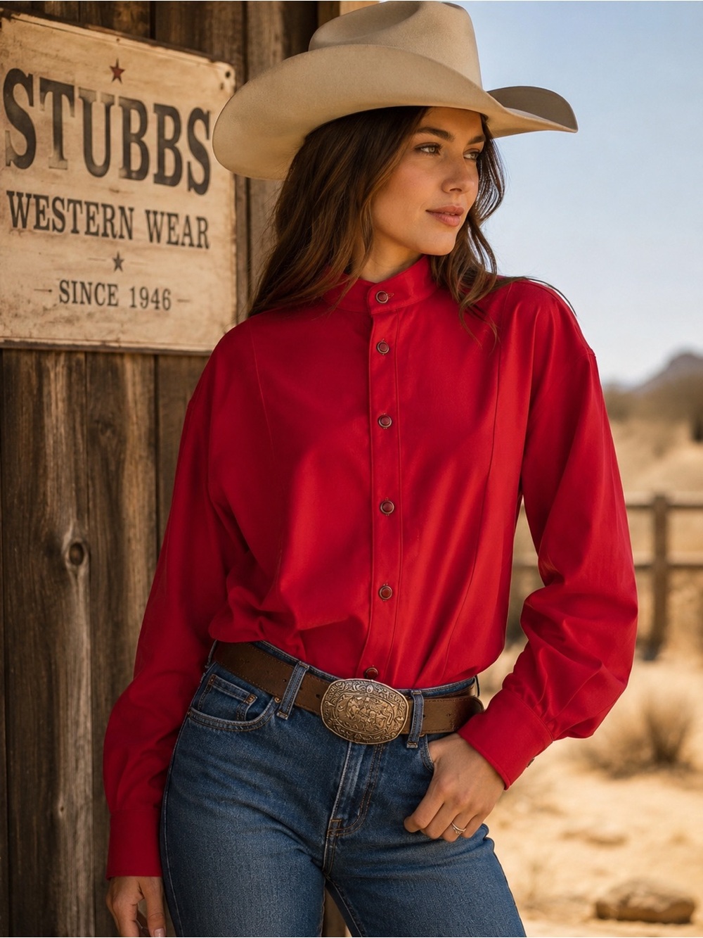 Vintage Stubbs Western Wear Red Long Sleeve Top BandedMandarin Collar Size Large